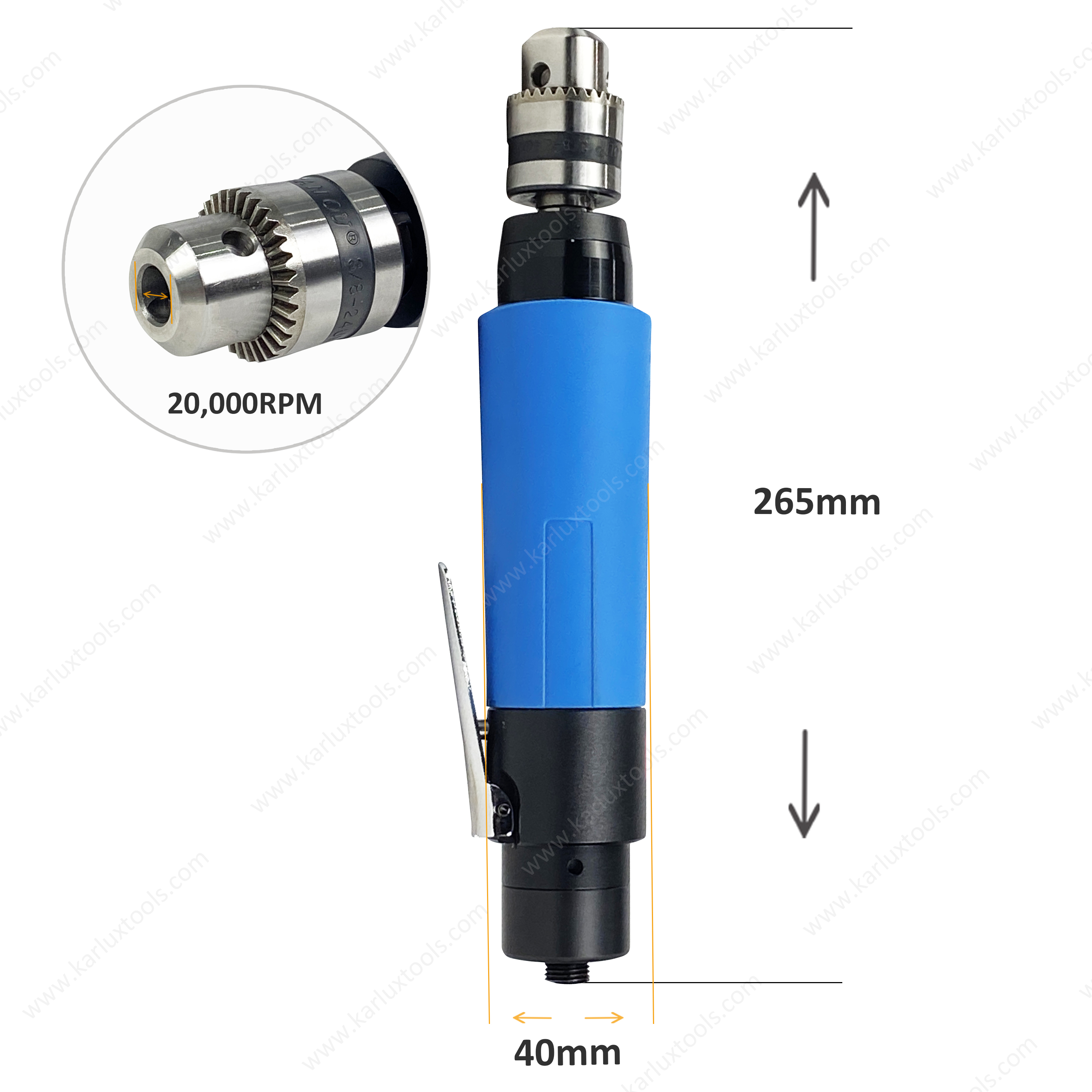 20,000Rpm 1.0Hp 超低噪音工业气动钻 空气直钻带卡盘 3/8'