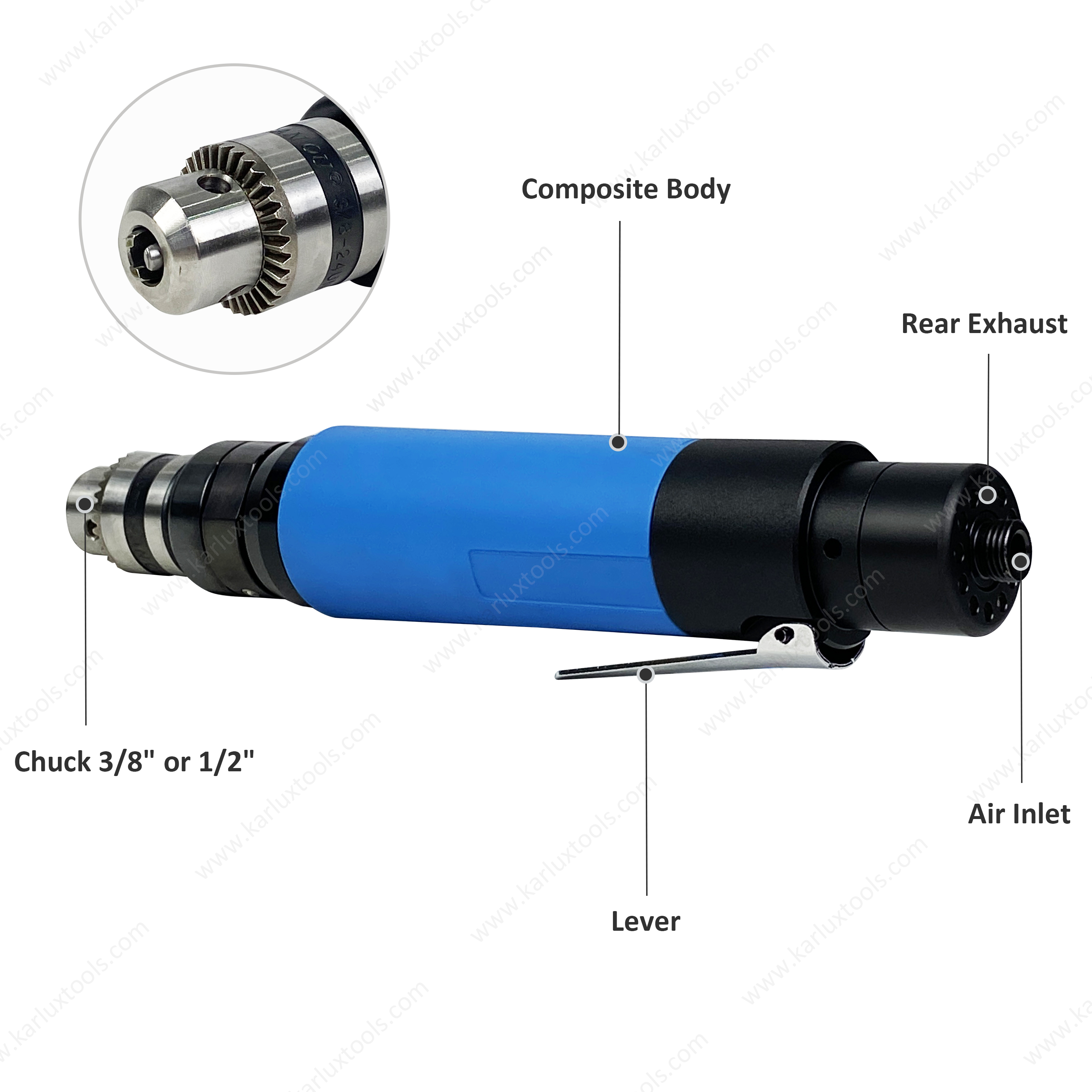 3,000Rpm 1.0Hp 超低噪音手电钻工业气动空气直钻带卡盘 3/8'