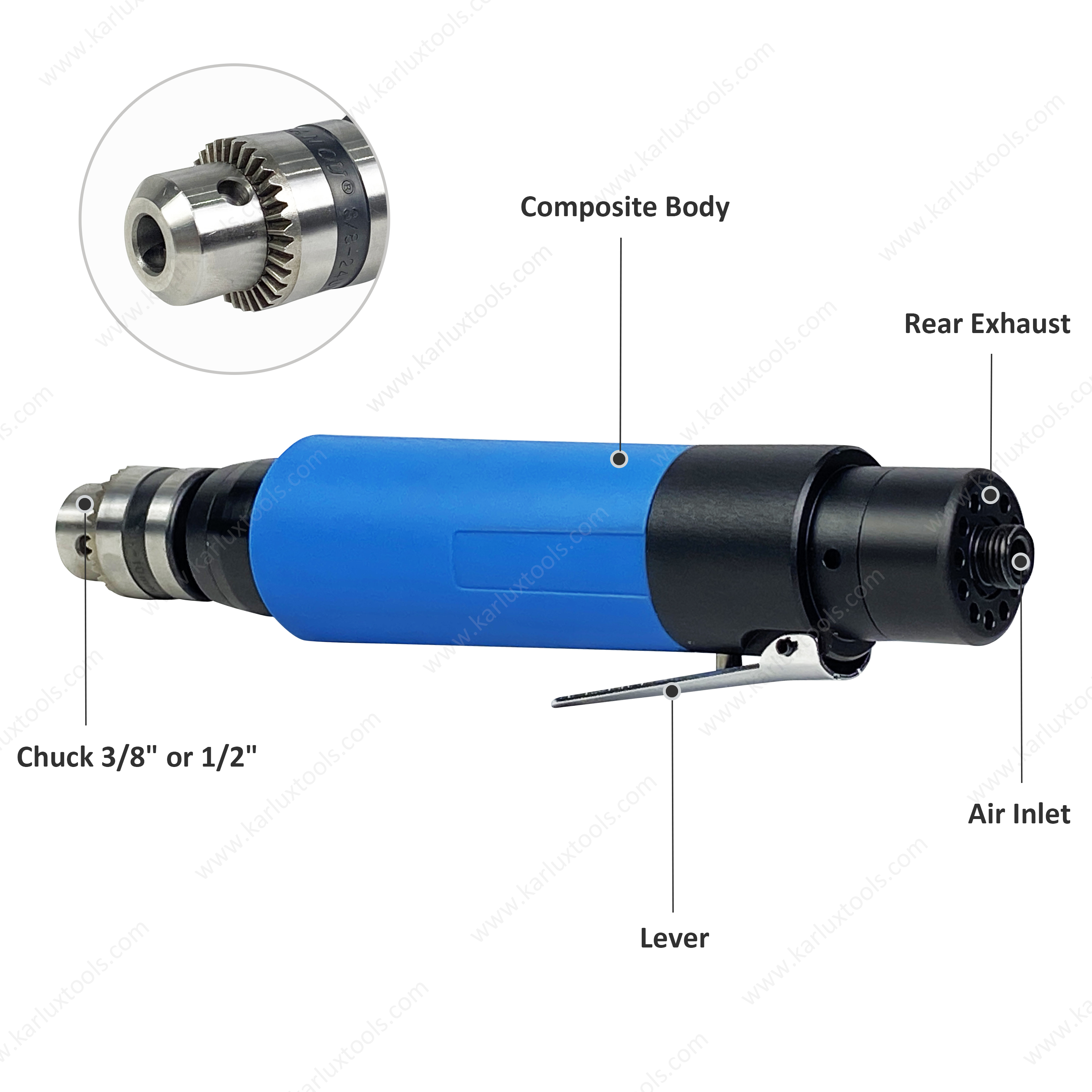 20,000Rpm 1.0Hp 超低噪音工业气动钻 空气直钻带卡盘 3/8'