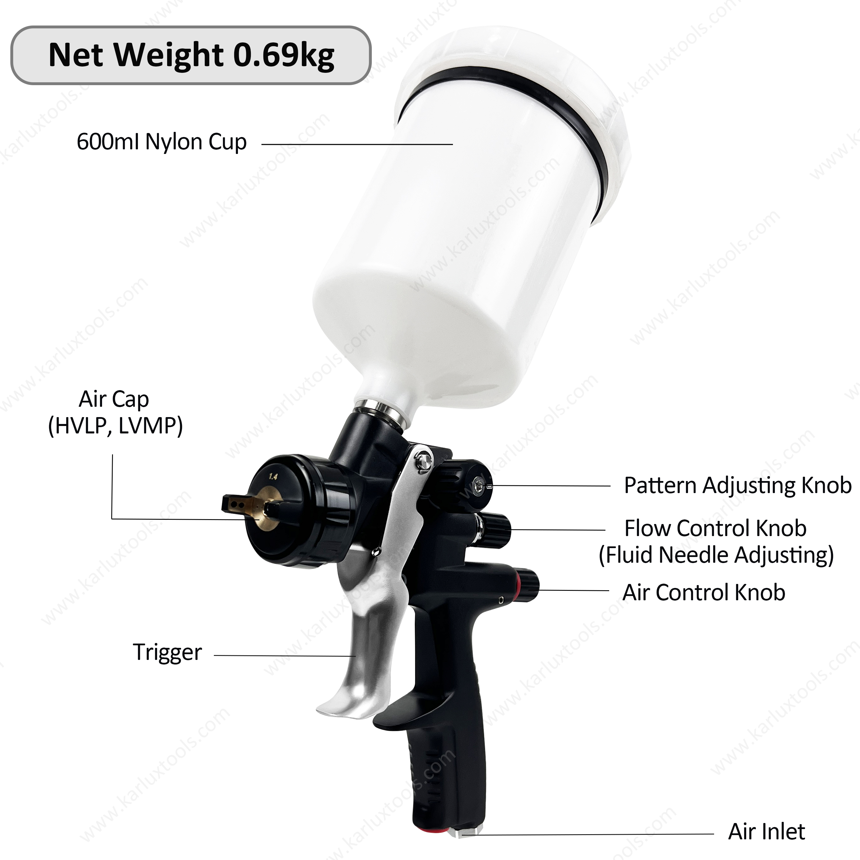 600ml HVLP LVMP 1.2,1.3,1.4mm铝合金枪支车身工业级汽车气动油漆喷雾器气动喷枪