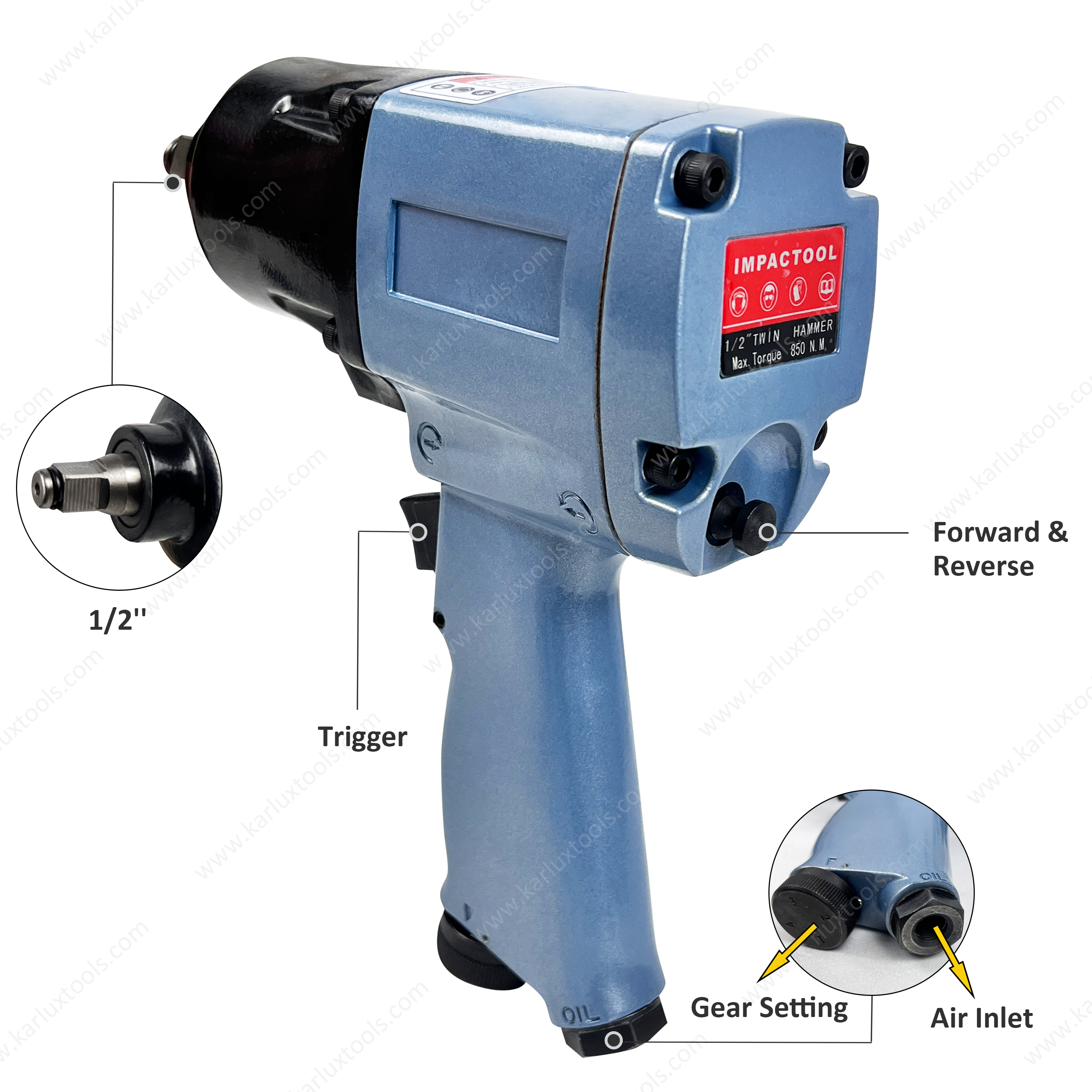 8000rpm Square Drive 1/2英寸螺栓容量M27活塞类型气动冲击扳手用于汽车维修Torqur Wrench