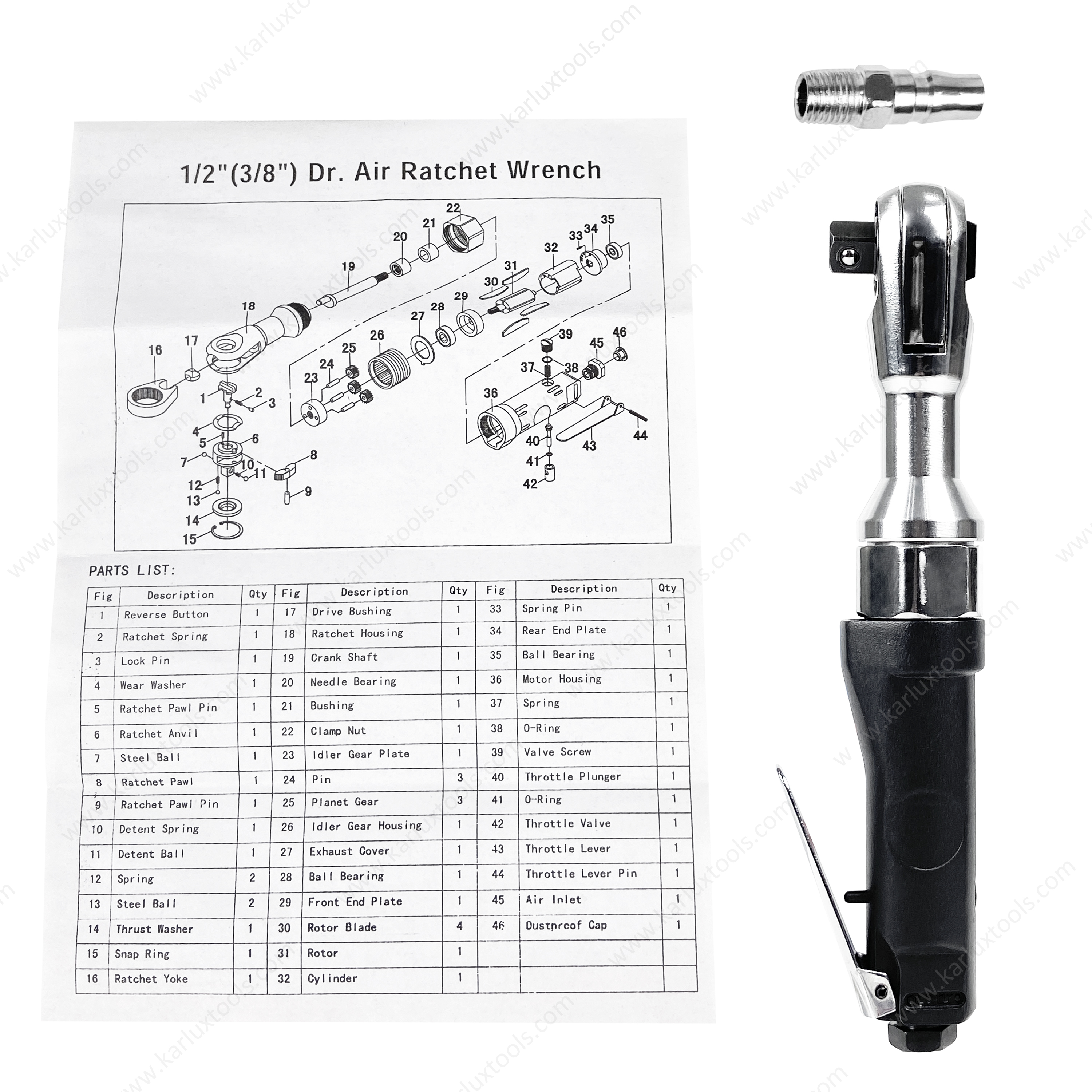 ARWBS142724-C 气动棘轮扳手 240rpm 六角孔尺寸 1/4'' 或 3/8'' 螺栓尺寸 M8 最大扭矩 27N.m