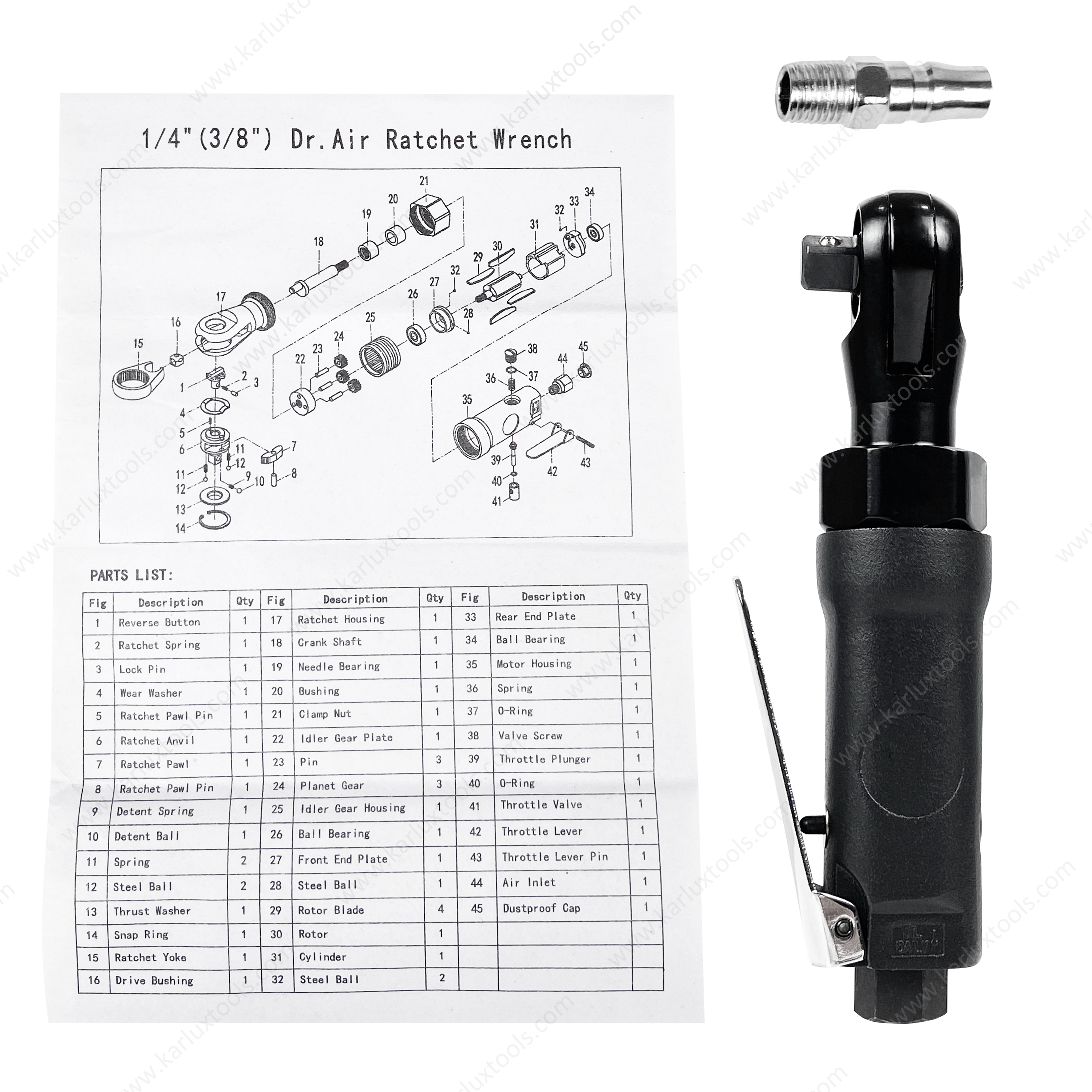 ARWBB142724-C 气动棘轮扳手 方形尺寸 240rpm 六角孔尺寸 1/4'' 或 3/8'' 螺栓尺寸 M8 最大扭矩 27N.m