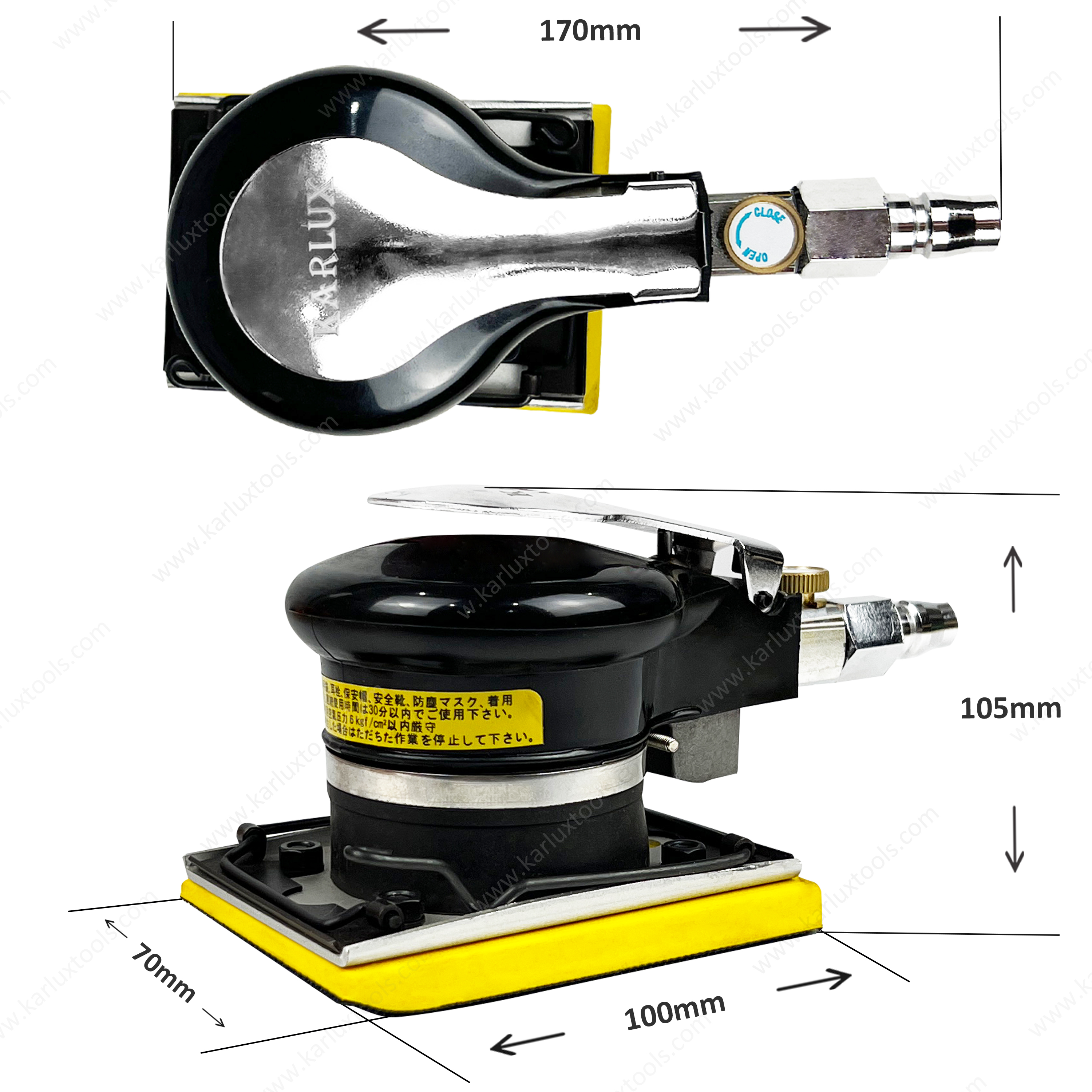 10000rpm 75x100mm气动抖动随机轨道棕榈砂机矩形工业级空气细节，带有非真空